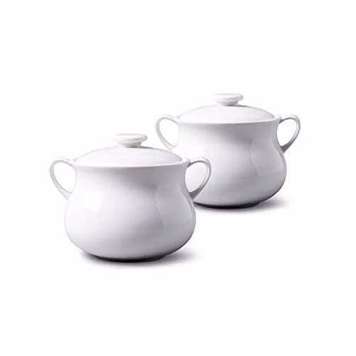 WM Bartleet & Sons 1750 Traditional Porcelain Set of 2 Lidded Individual French Onion Soup and Stew Bowls with Handles, 500ml, White – 1