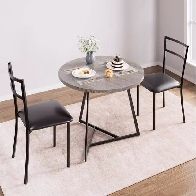 VOGREX Modern Round Dining Table and 2 Chairs Set in Grey Matt MDF Laminate