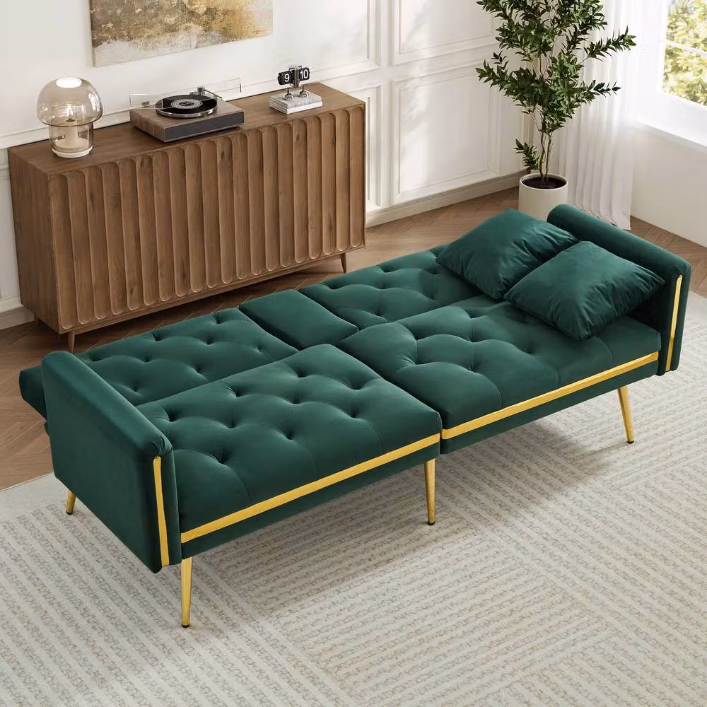 ModernLuxe Green Velvet 2-Seater Convertible Sofa Bed with Cup Holders and Metal Frame, W/D/H: 174 x 76 x 71.5 cm – 9