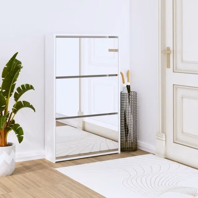 Berkfield Home High Gloss White 3-Layer Shoe Cabinet with Mirror, W: 63 cm, D: 17 cm, H: 102.5 cm