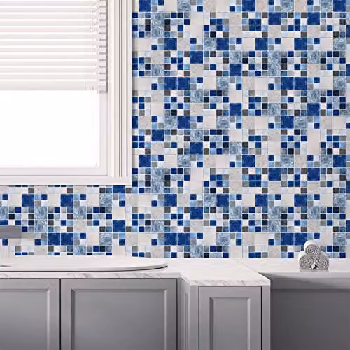 WALPLUS 24-Piece Blue and Grey Stone Selection Mosaic Wall Tile Sticker Set, W/D/H: 15 x 15 x 15 cm – 5