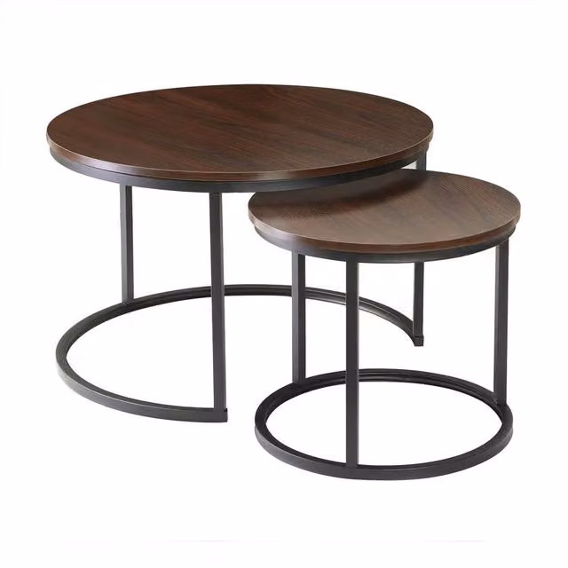 CALICOSY Lenny Set of 2 Round Nesting Coffee Tables in Walnut
