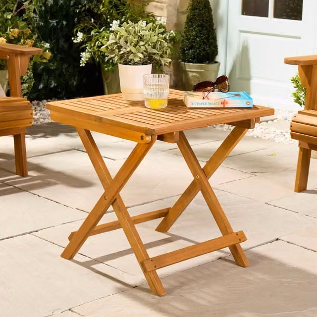 VonHaus Hudson Adirondack Acacia Hardwood Folding Garden Side Table in Brown