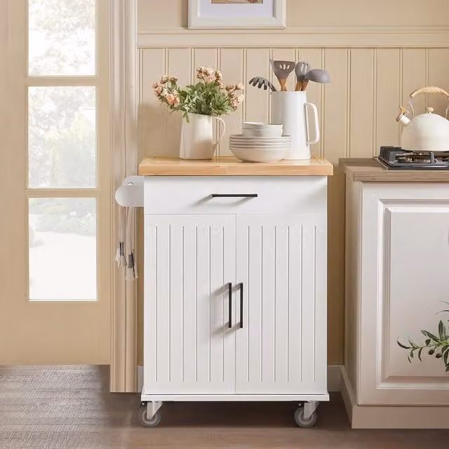 SoBuy Mobile Kitchen Trolley Cabinet in White Lacquered Rubberwood and MDF with Hinged Doors and Internal Shelves