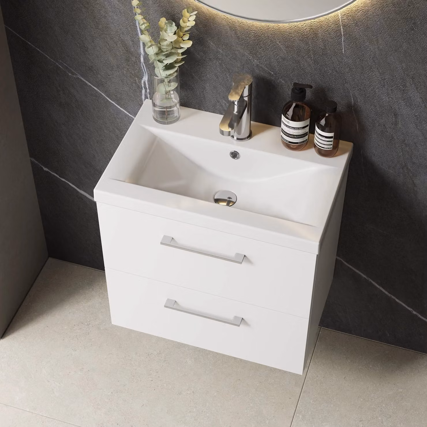 Balterley Modern Wall Hung Bathroom Vanity Unit with 2 Soft Close Drawers, Satin Green and White, Width: 61 cm