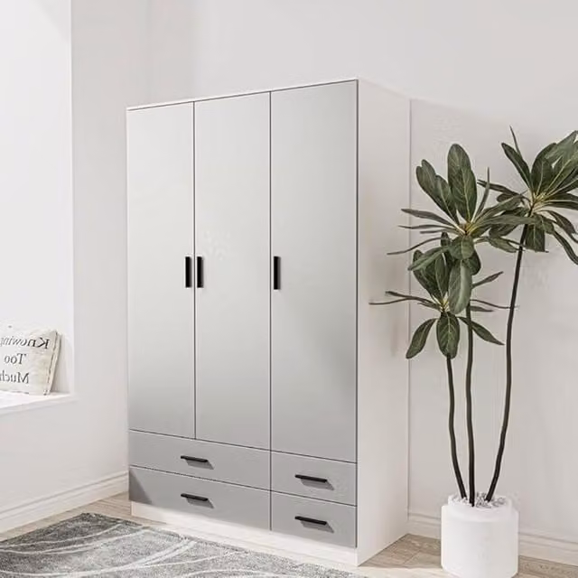 URBNLIVING Modern 3 Door Wardrobe with 4 Drawers in Grey and Silver, H 180 x W 108 x D 46 cm