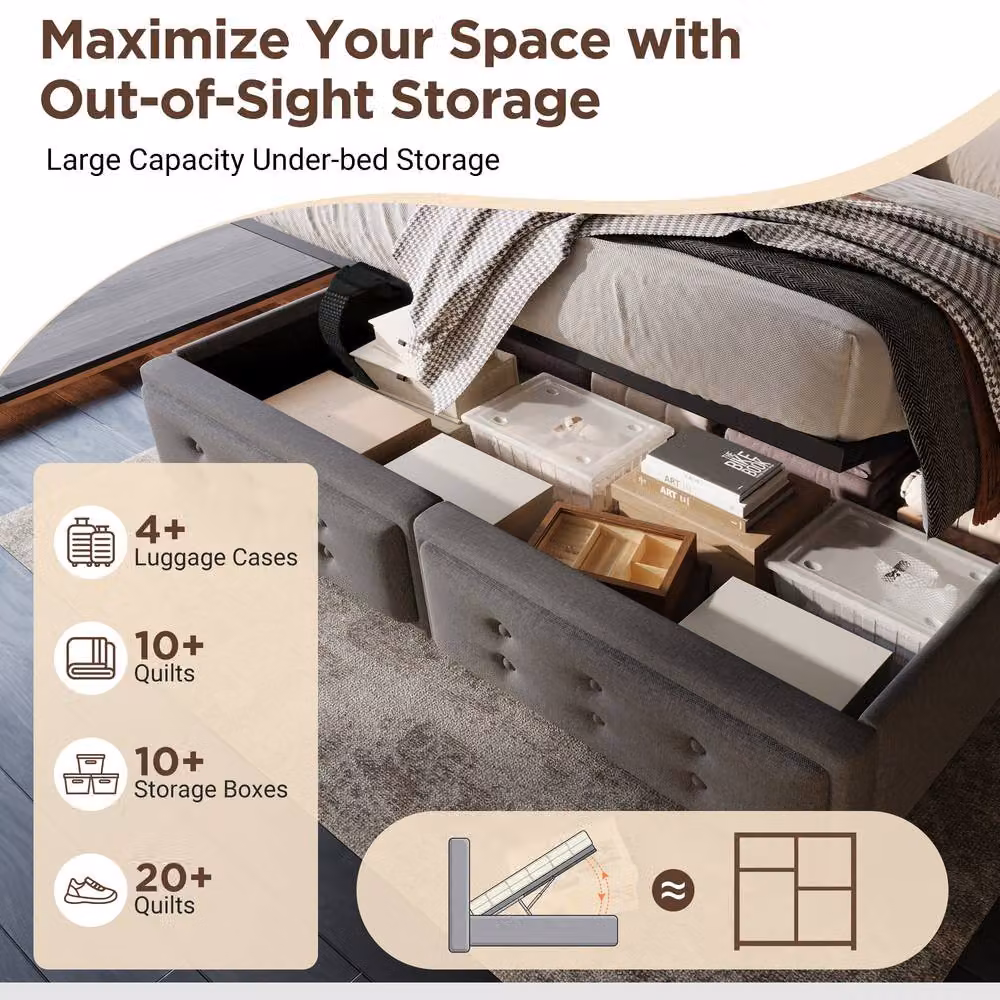 BTM King Size Hydraulic Storage Bed in Grey Fabric with LED Underbed Lighting and USB Charging Ports, W/D/H: 180 x 200 cm – 5