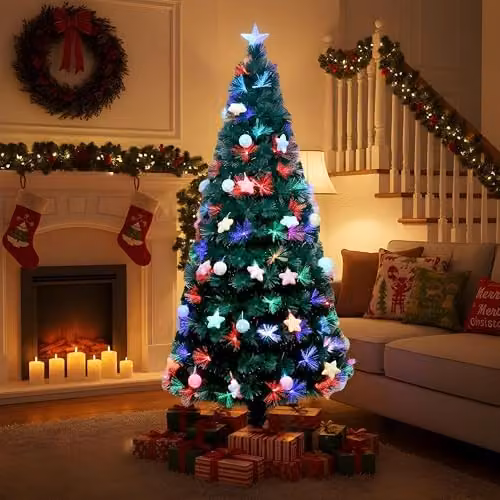 Shatchi 150 cm Green Fibre Optic Christmas Tree with Pastel Stars and Baubles, Pre-Lit with Multicolour Changing Lights – 3