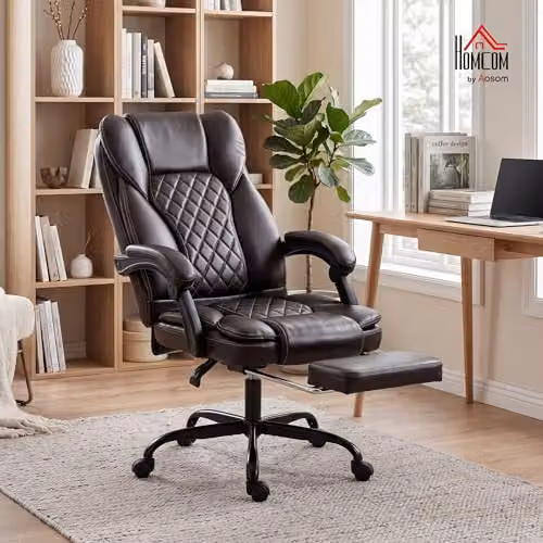 HOMCOM Brown Synthetic Leather High-Back Executive Home Office Chair with 360 Degree Swivel and Headrest – 2