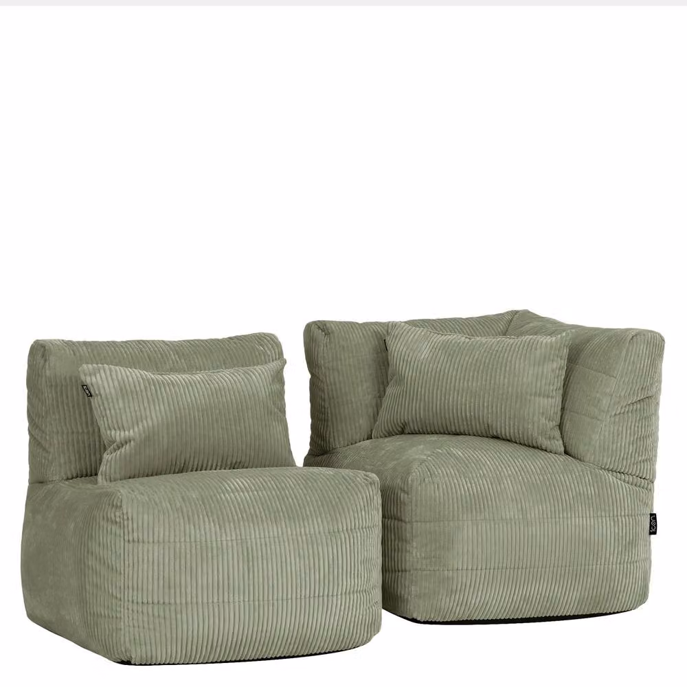 icon Noa 2-Piece Bean Bag Set in Green, Including 1x Corner and 1x Recliner in Jumbo Cord Fabric – 2
