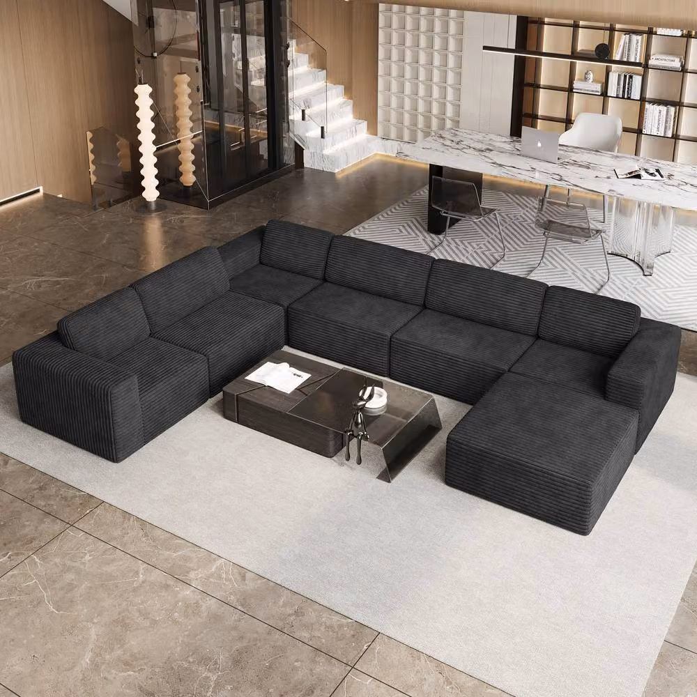 Dprodo Black Corduroy 6-Seater Modular L-Shape Corner Sofa with Matching Ottoman – 7