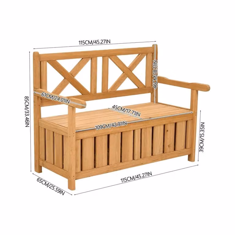 KORVIXA Brown Treated Hardwood Spruce Garden Bench with Cushion Storage and Armrests