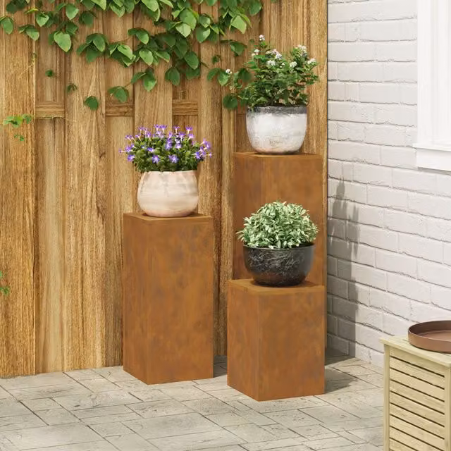 Berkfield Home Outdoor Plant Stand Pillar Set of 3 in Black Weathering Steel – 1