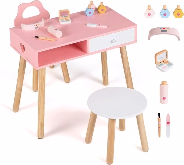 Costway Kids Pretend Beauty and Hairdresser Playset in Pink Wood