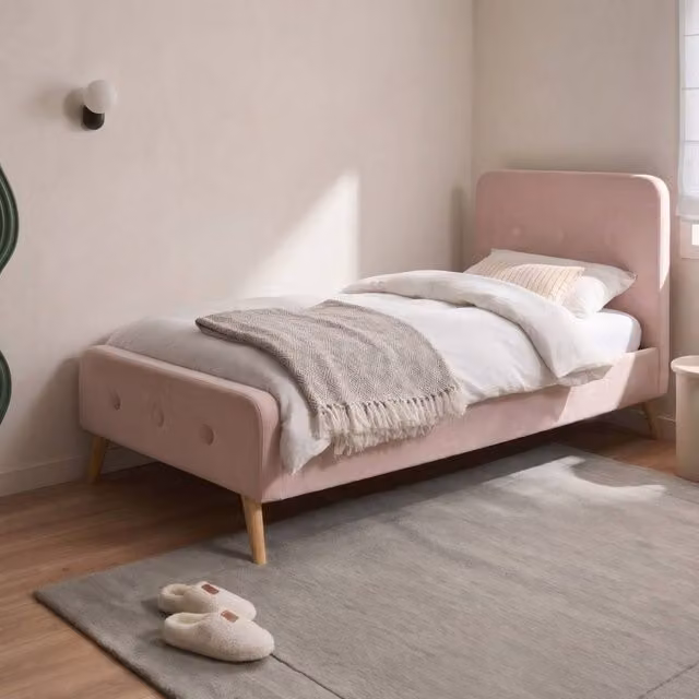 Wyld and Coco Pastel Pink Velvet Slatted Bed Frame, W: 90 cm, D: 190 cm