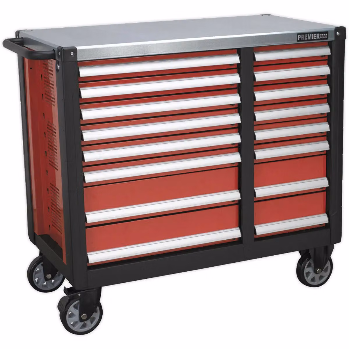 Loops 16 Drawer Mobile Workstation in Red and Multicolour with Worktop and Lockable Wheels – 3