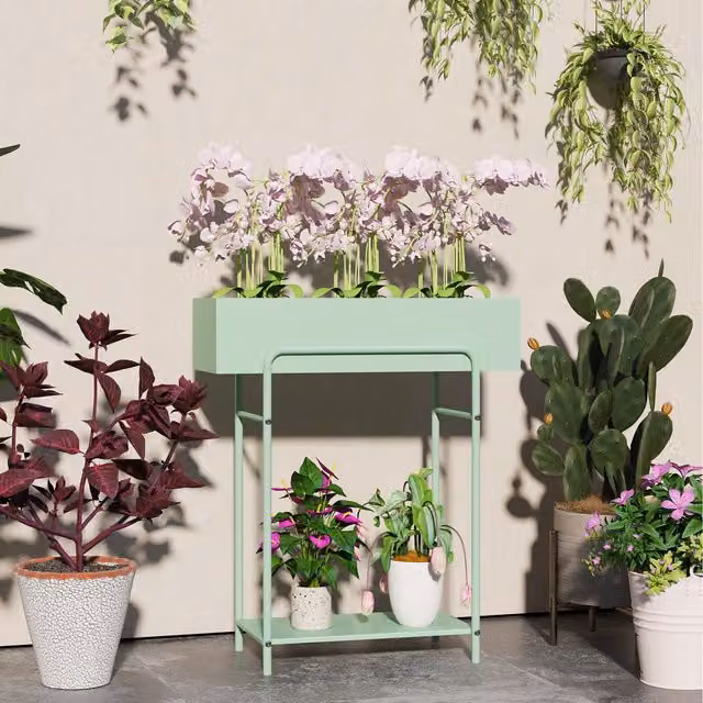Outsunny 2 Tier Modern Metal Plant Stand in Matt Green