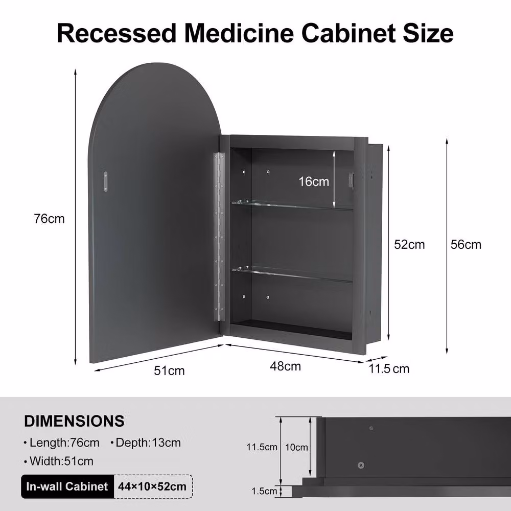 KEEPREAPER Black Arched Bathroom Mirror Cabinet, Wall Mounted, W: 50 cm, H: 76 cm – 3