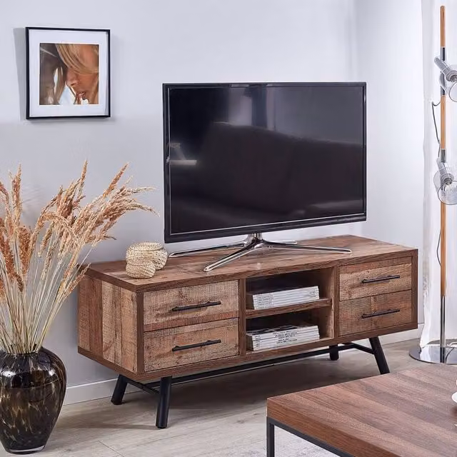Wyld and Coco Scandinavian TV Stand in Brown with 2 Shelves and 4 Drawers, W/D/H: 127.0 x 40.0 x 51.0 cm – 1