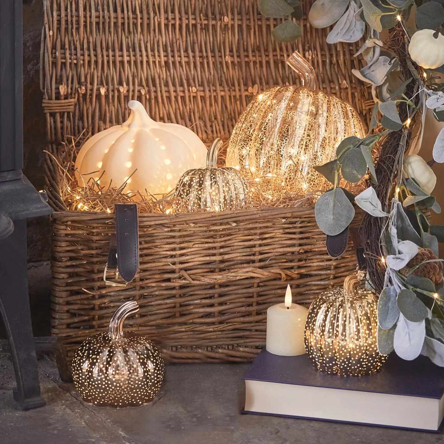 Lights4fun Set of 5 Light Up LED Pumpkin Autumn Decorations in Gold, Battery Operated for Indoor Use – 1