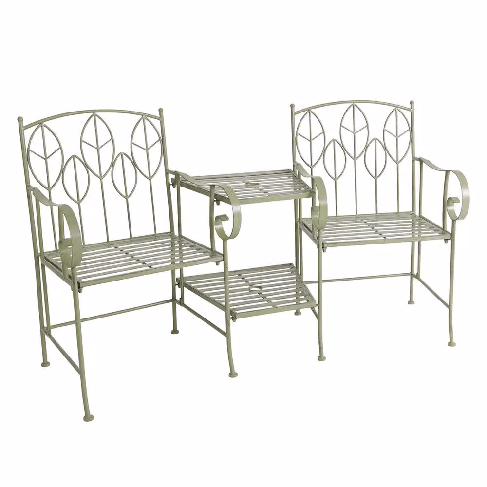 Charles Bentley Rustic Metal Garden Companion Seat with Leaf Design in Green, W/D/H: 156 x 90 x 66 cm – 2