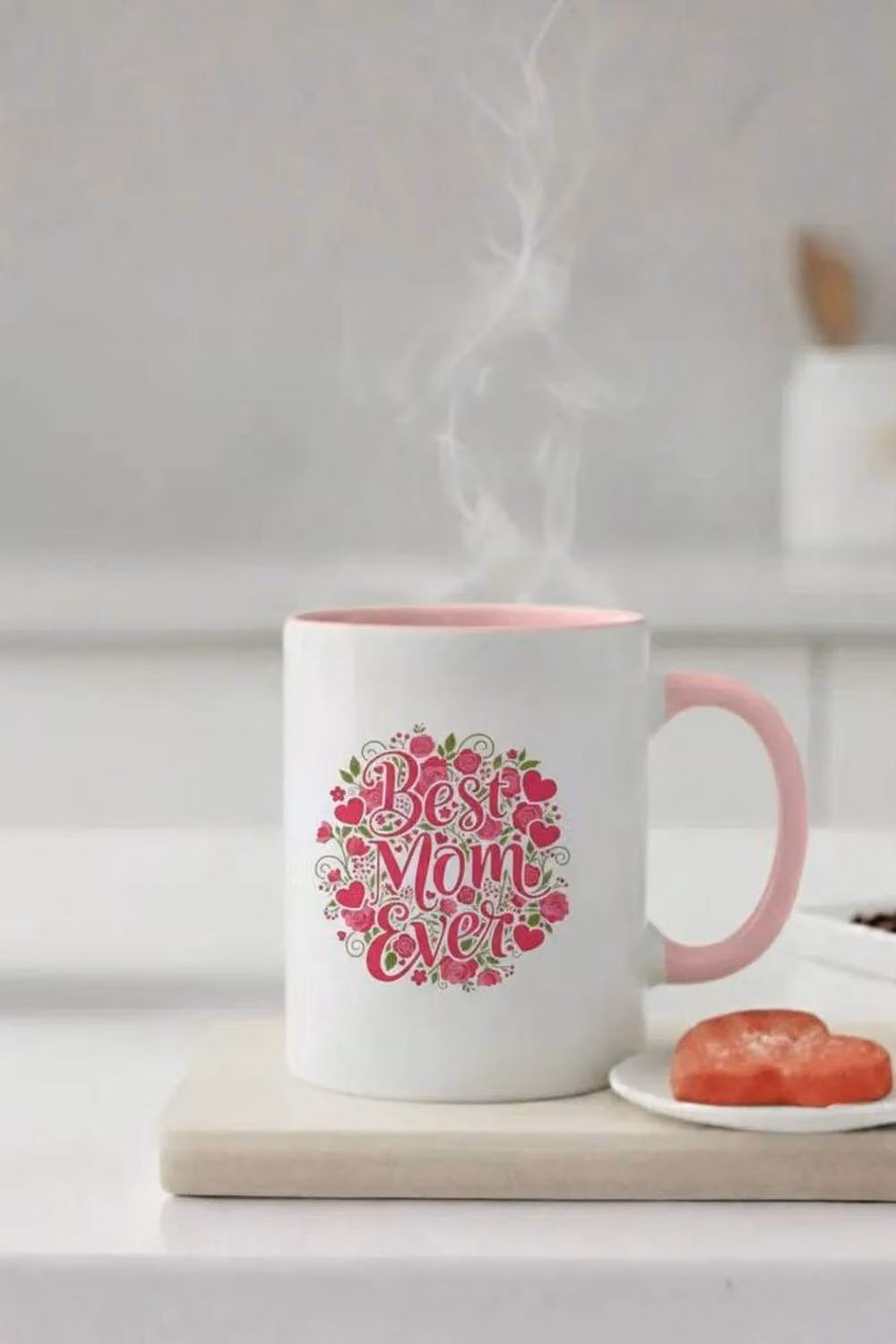 Dyzi Best Mom Ever Floral Ceramic Mug, White and Pink, 325 ml – 2