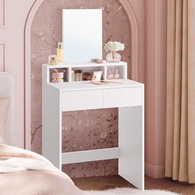 VASAGLE Modern Mirrored Makeup Vanity Station with Storage in White