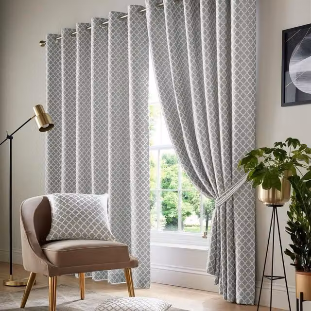 Luxury Living Two-Tone Jacquard Geometric Eyelet Lined Curtains in Silver, Width: 229 cm, Drop: 229 cm