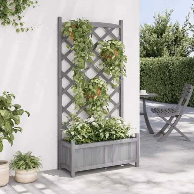 Berkfield Home Grey Solid Wood Fir Planter with Trellis and Tub, W/D/H: 150 x 75 x 35 cm – 1