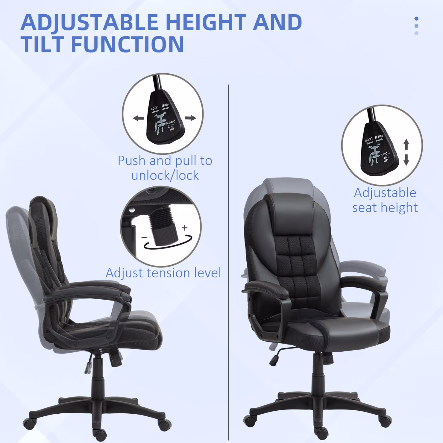 HOMCOM Executive Office Chair in Black Synthetic Leather with Ergonomic Tilt Function and Height Adjustment – 4