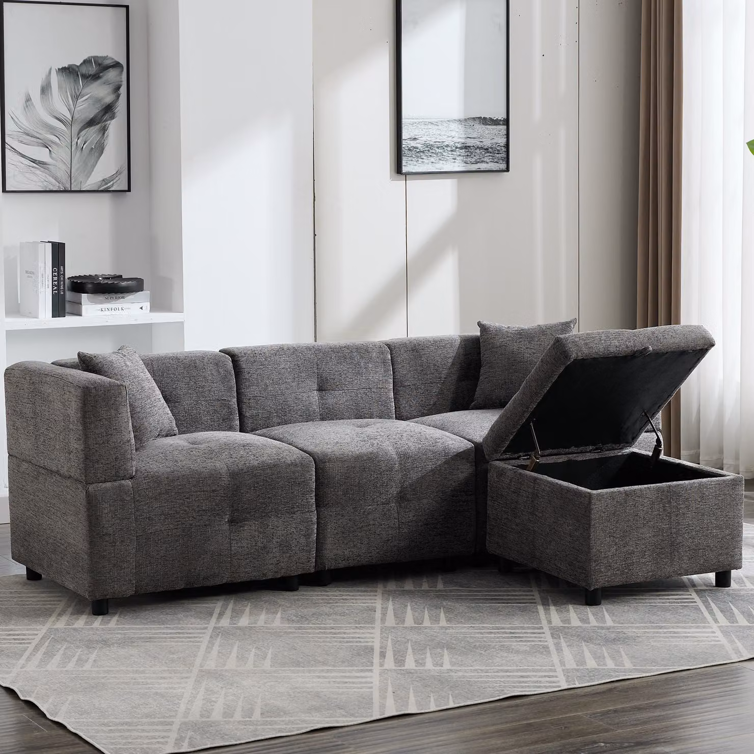 Aosom.UK Grey L-Shaped Sectional Fabric Sofa with Reversible Design, Removable Storage Ottoman and 2 Pillows, W/D/H: 204 x 68 x 69 cm – 8
