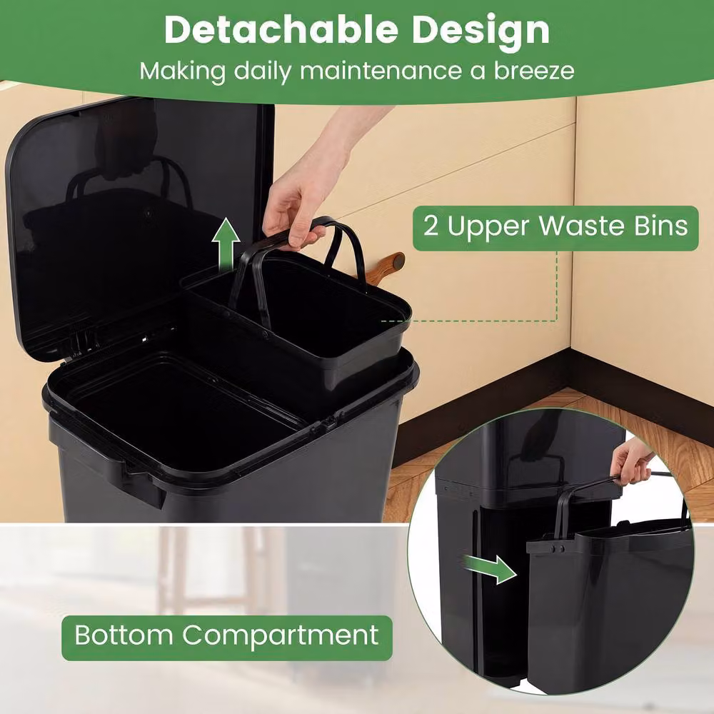 Costway Rolling Pedal Trash Can with 2 Removable Plastic Bins, Black – 8
