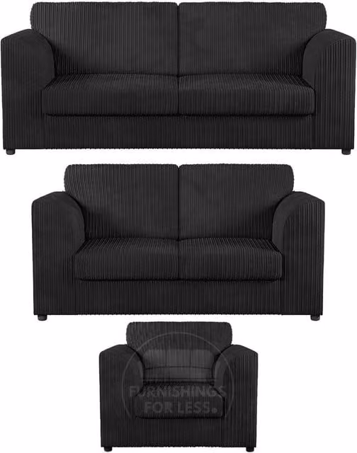 Furnishings For Less UK Luxor 3 Piece Fabric Sofa Suite in Black Jumbo Cord