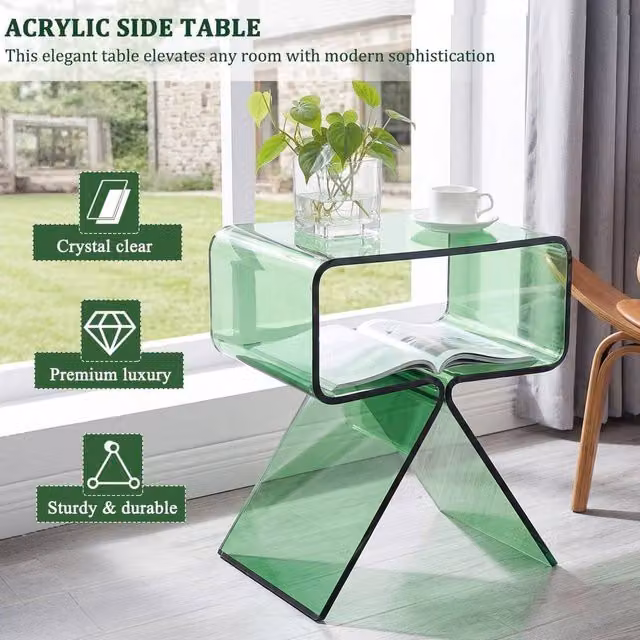 FORGEVIO Green 2-Tier Acrylic Coffee Table and Transparent End Table