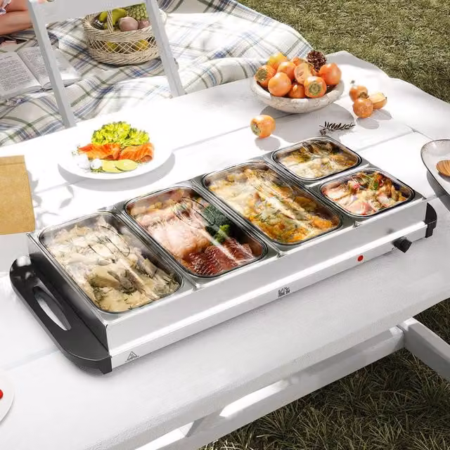 HOMCOM Electric 5 Tray Buffet Server Food Warmer with Lids, 9.2L, Silver