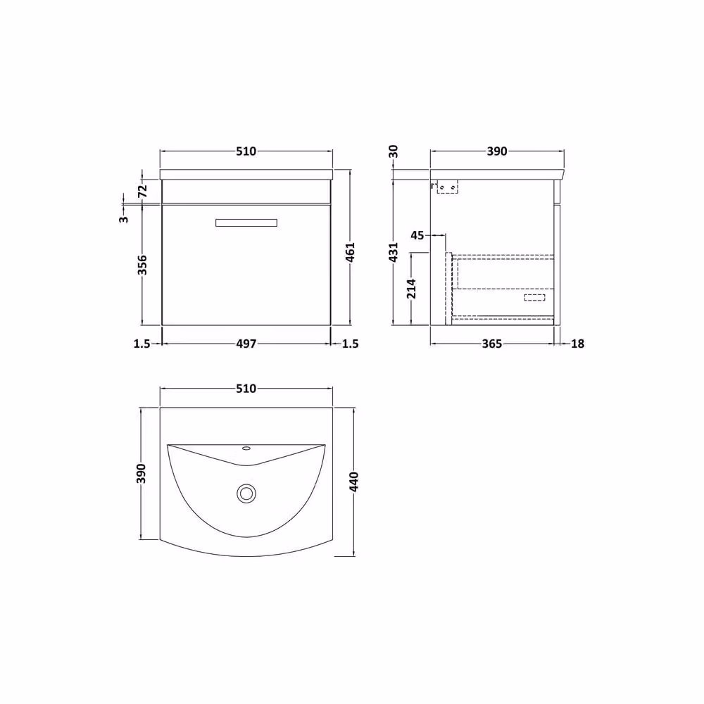 Balterley Millwich 1 Drawer Wall Hung Vanity Basin Unit, Gloss Grey, Width: 50 cm – 2