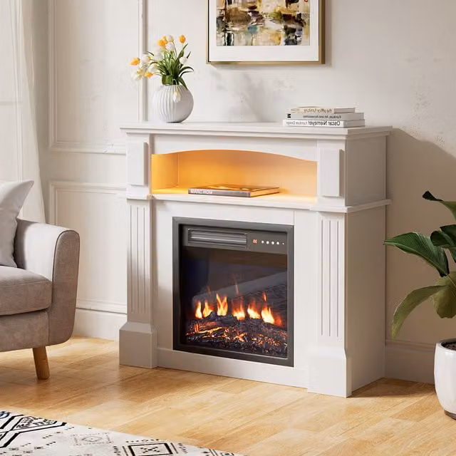 Livingandhome Classic Electric Fireplace TV Stand with Glass Detail in White and Black
