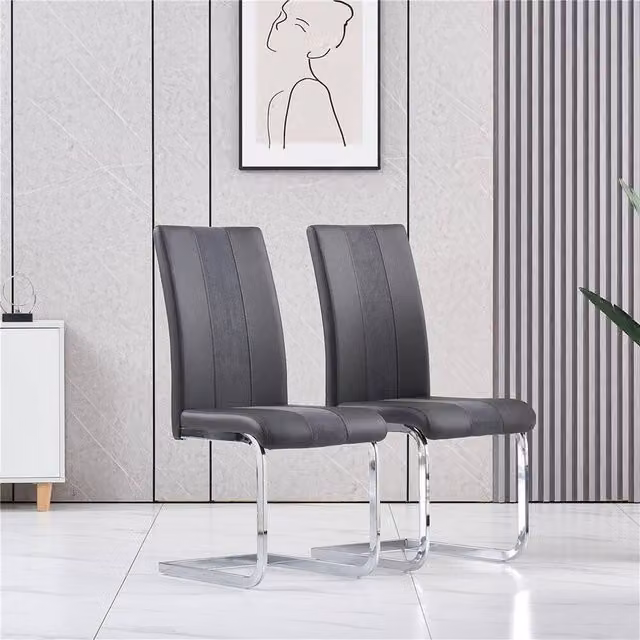 PAWNORA Set of 2 Modern Dark Grey Leather Dining Chairs with Cantilever Metal Base – 1