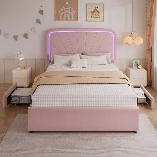 Merax Double Velvet Upholstered Bed Frame with 2 Storage Drawers, Pink, W: 140 cm, D: 190 cm, H: 115 cm – 1