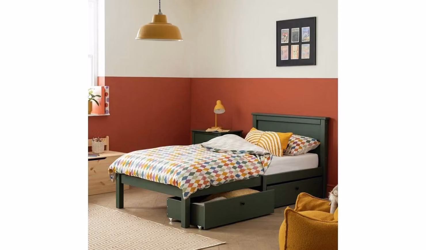 Brooklyn Single Bed Frame with Drawer in Green for Childrens Bedrooms W/D/H: 200 x 100 x 84.4 cm