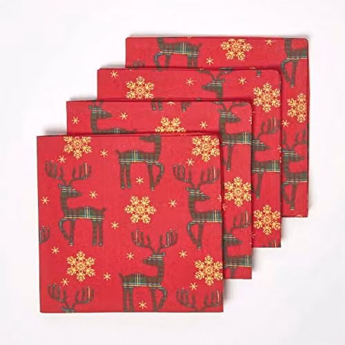 Homescapes Red and Gold Christmas Napkin Set with Reindeer Graphic, Set of 4, 45 x 45 cm – 1