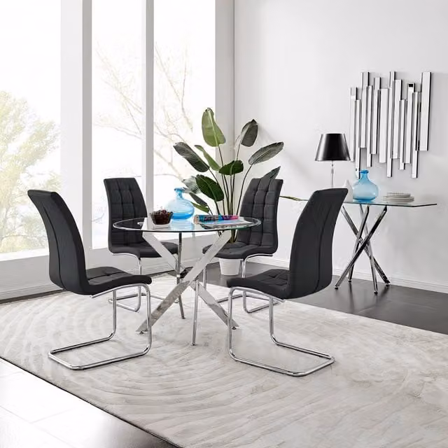 FurnitureboxUK Novara 100cm Round Glass Dining Table and 4 Murano Dining Chairs in Black and Transparent – 1