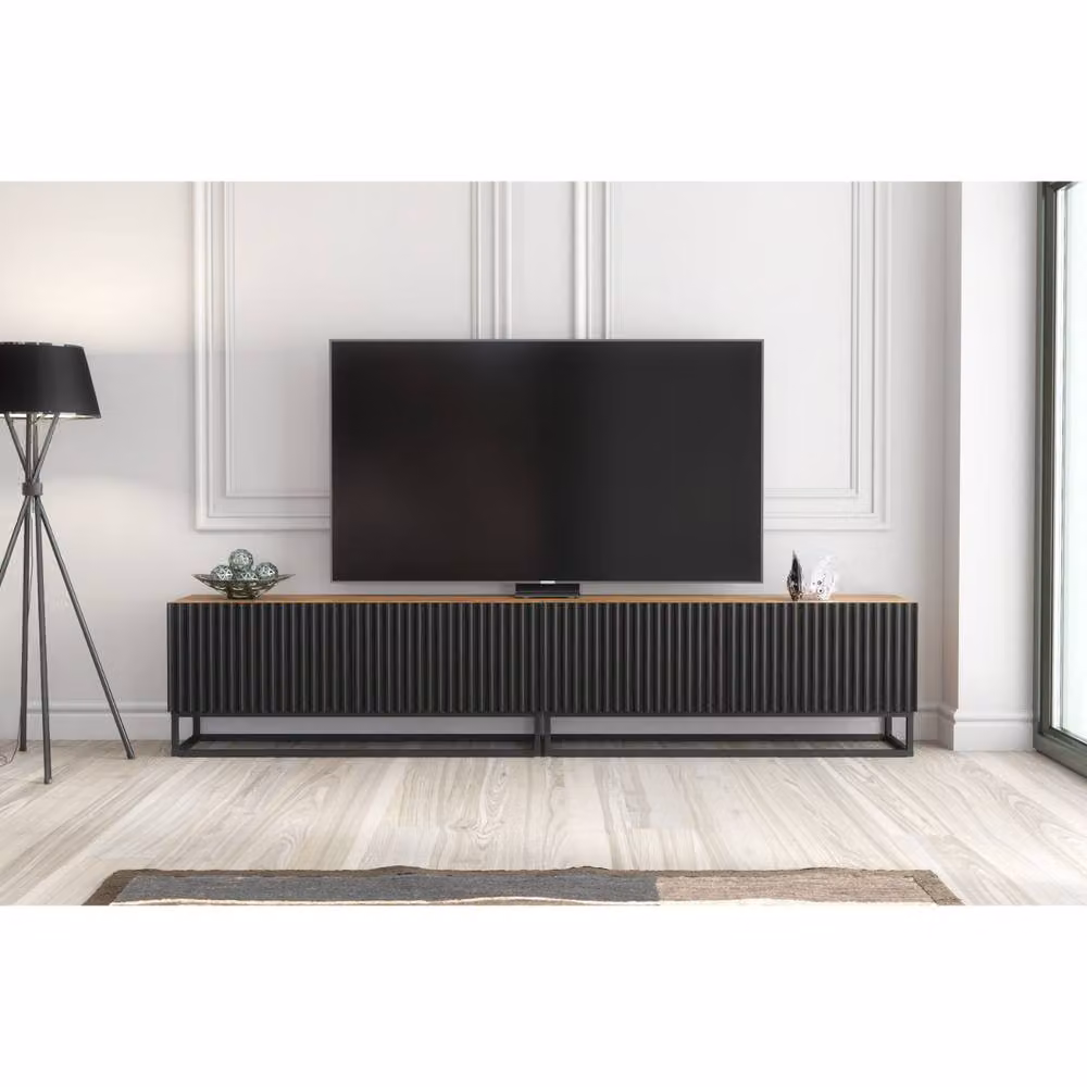 Creative Furniture Ripple Duo TV Unit in Oak and Black with Fluted Doors, W: 200 cm, D: 45 cm, H: 35 cm – 2