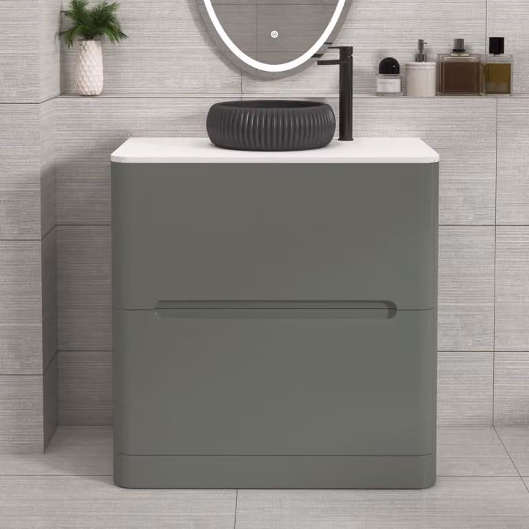 Royal Bathrooms Venice Sage Green Floor Standing 2 Drawer Vanity Unit with Plain White Undrilled Worktop