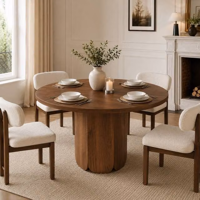 Rolipo Round Walnut MDF Dining Table in Brown, Diameter: 120 cm