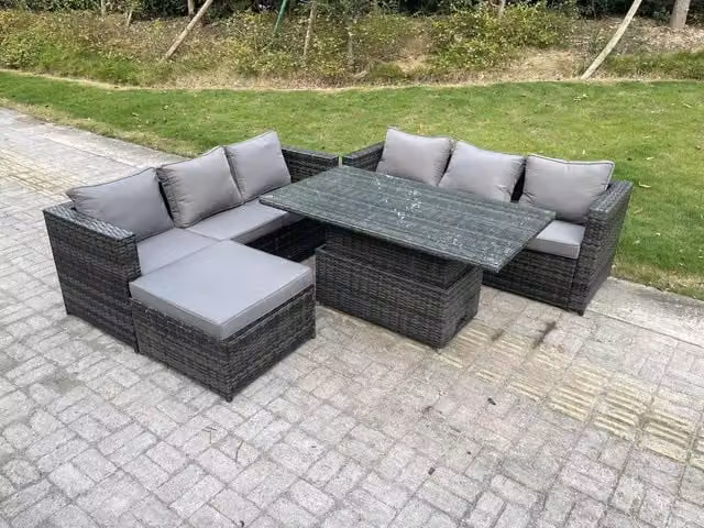 Fimous 7 Seater Dark Grey PE Rattan Garden Furniture Set with Adjustable Rising Lifting Dining Table