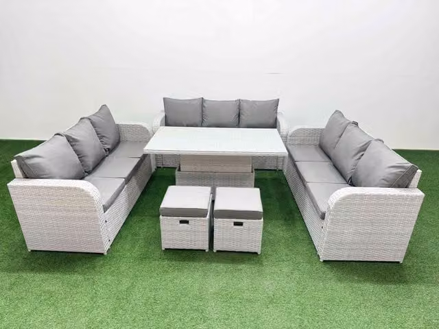 Fimous 11 Seater PE Rattan Outdoor Garden Furniture Set in Light Grey with Adjustable Lifting Dining or Coffee Table, 3 Seater Sofa and 2 Stools