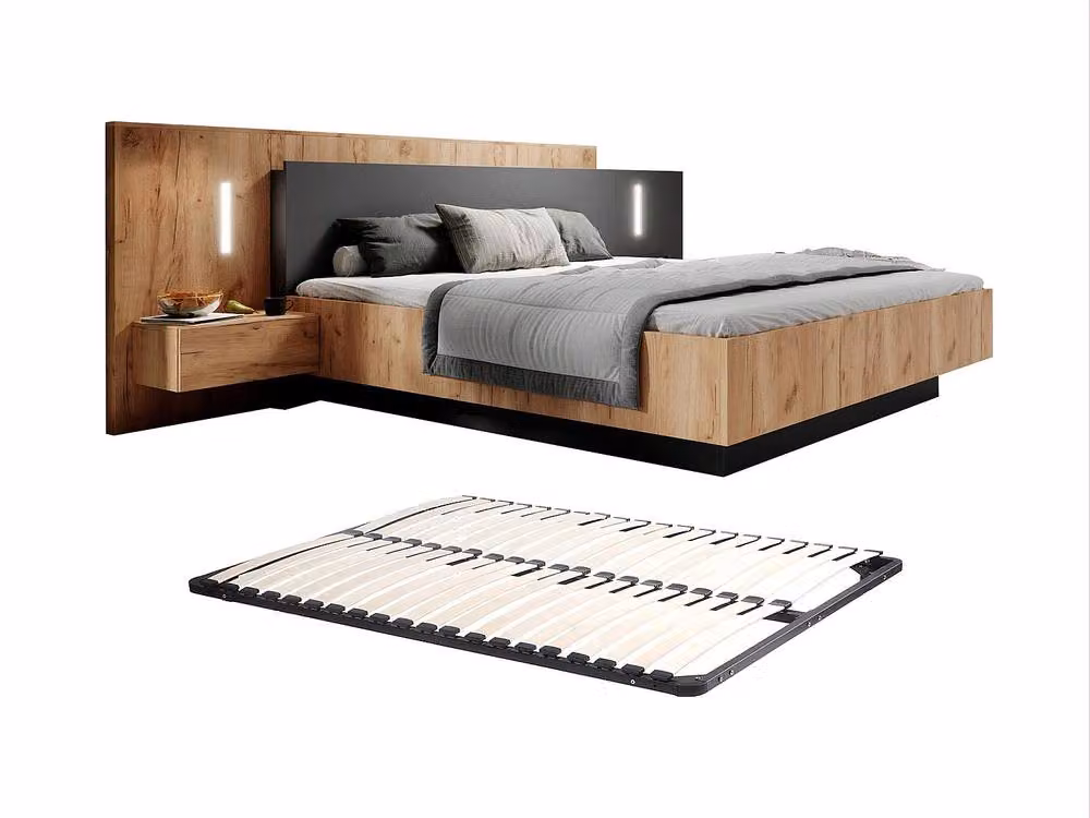 Vente-unique Modern Double Bed with Bedside Tables and LED Under-bed Lighting in Grey, W/D/H: 160 x 200 cm – 2