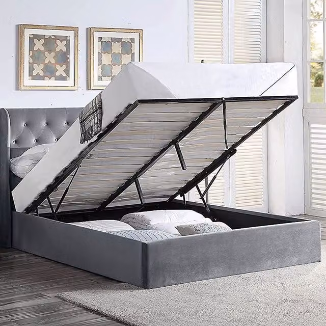 Home Treats Grey Velvet Winged Ottoman Storage Bed Frame, King Size, H 166 x W 180 x D 200 cm