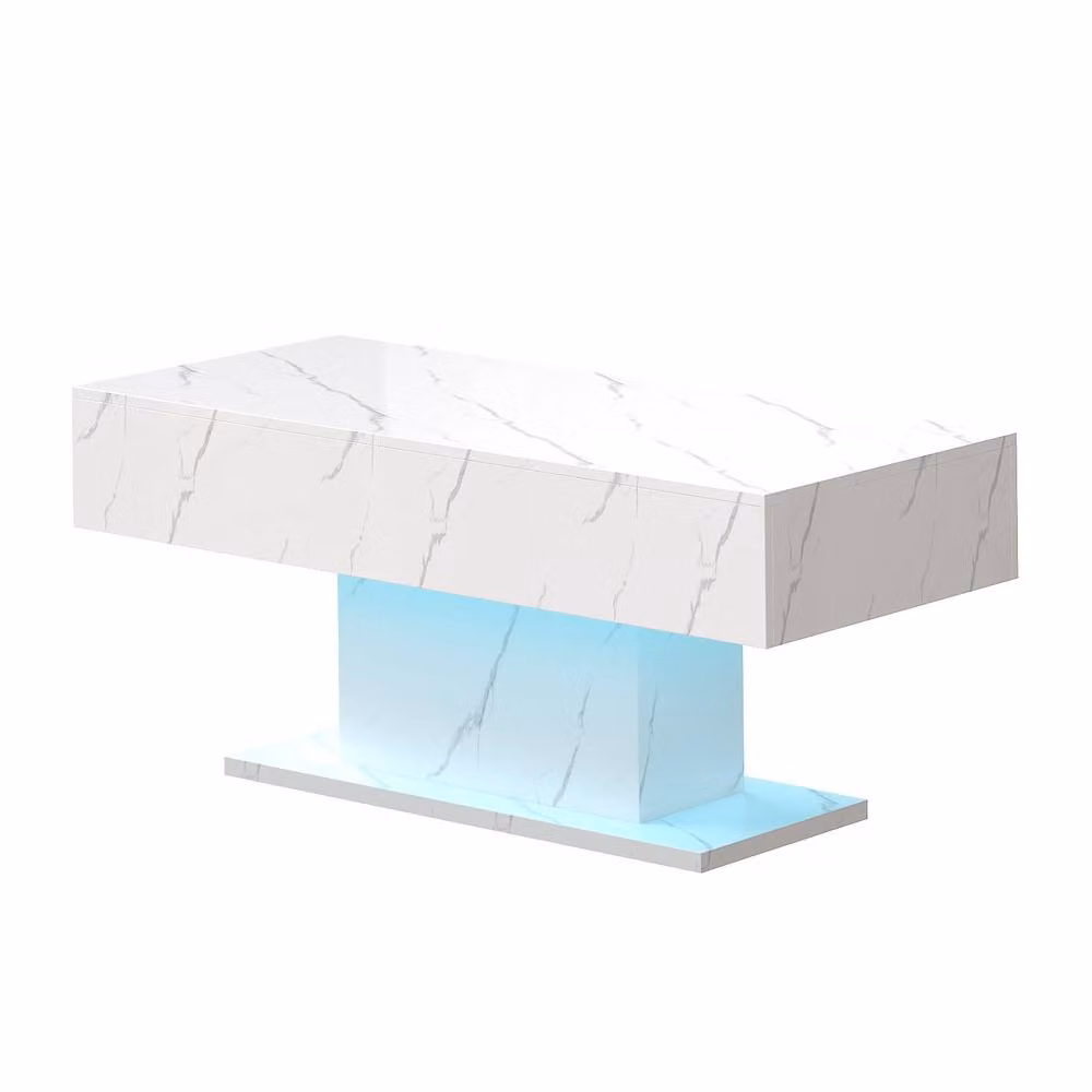 KEEPREAPER Rectangular LED Coffee Table with 2 Drawers, White Marble Finish – 2